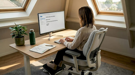 Een vrouw zit ontspannen aan haar bureau en maakt gebruik van ergonomische accessoires voor een prettige werkhouding.