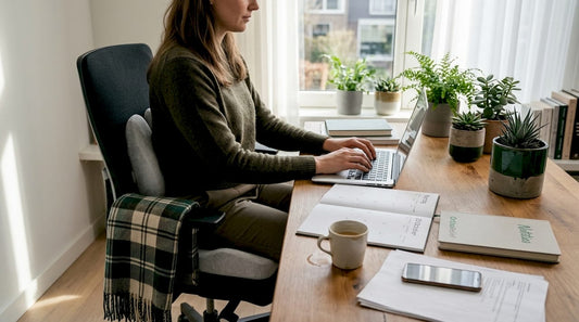 Vrouw zit comfortabel en verantwoord te werken aan haar thuiswerkplek