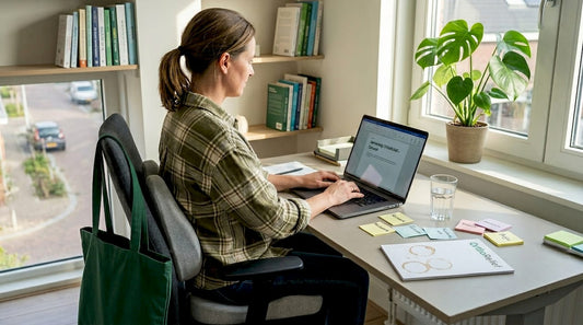 Vrouw werkt thuis op een ergonomische bureaustoel