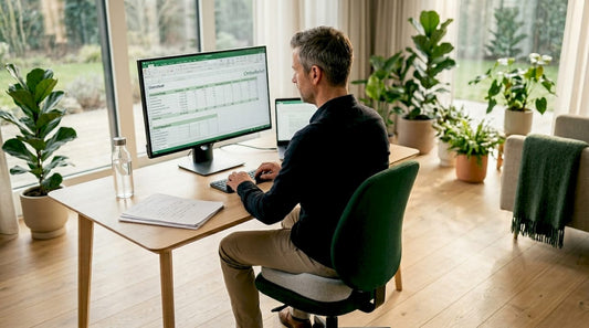 Man zit thuis aan het werk met een ergonomisch zitkussen voor extra comfort.