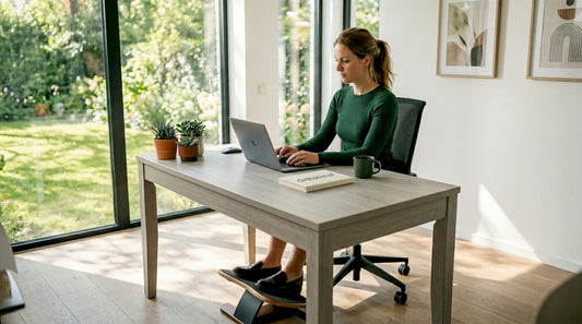 Een vrouw zit relaxed thuis aan haar bureau te werken.