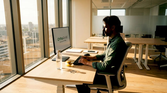 Een kantoormedewerker zit netjes rechtop achter zijn bureau.