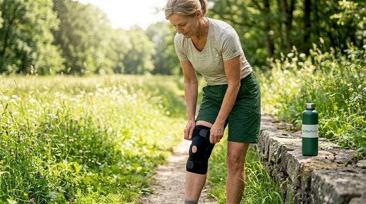 Vrouw stelt haar kniebrace bij tijdens het wandelen in de buitenlucht.