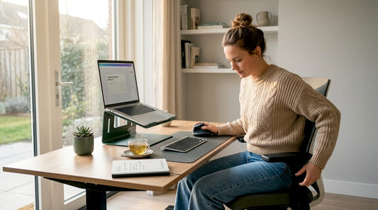 Een vrouw stelt haar bureaustoel thuis aan haar eigen houding en werkplek af.