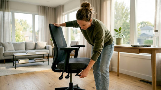 Een thuiswerker stelt zijn bureaustoel goed in om ergonomisch te kunnen werken.